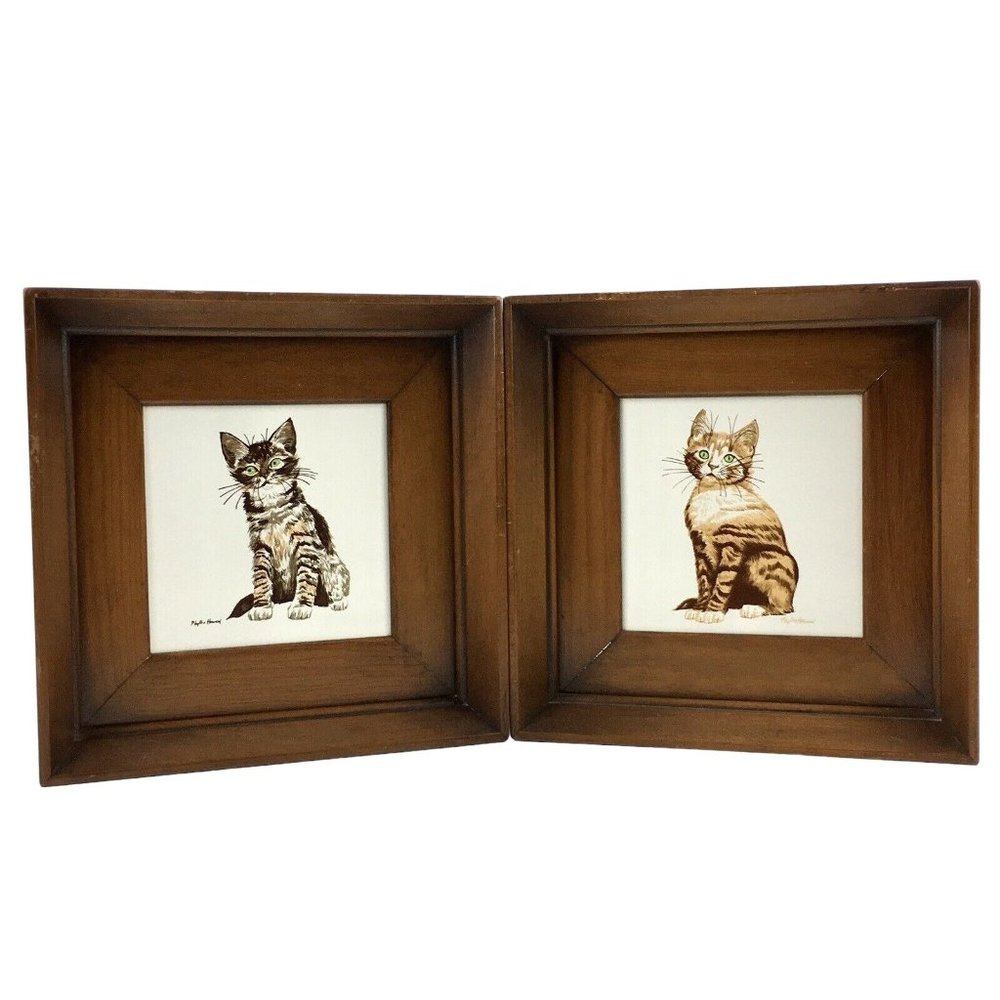Screen Craft Cat Kittens Trivet Tile Art  Phyllis Howard Cork Back Wooden Framed